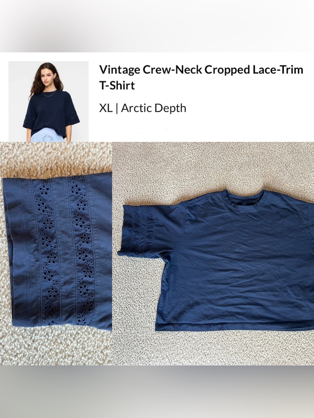 Old Navy Navy Cropped Crewneck Tee with Lace-Trim Sleeves
